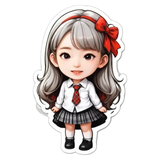 A girl wearing a white shirt and black plaid skirt with a red ribbon in her hair.