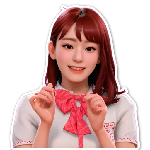 A sticker of a girl wearing a white shirt and a red bow tie.