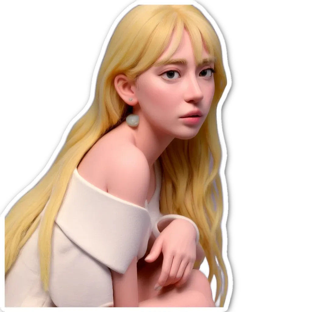 A sticker of a girl with long blonde hair.