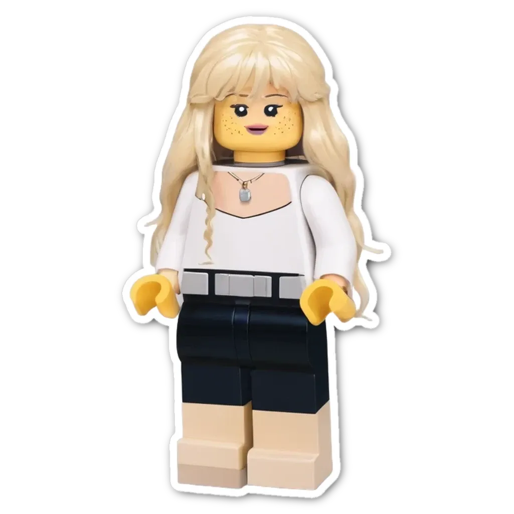 A lego girl with blonde hair in a white shirt.