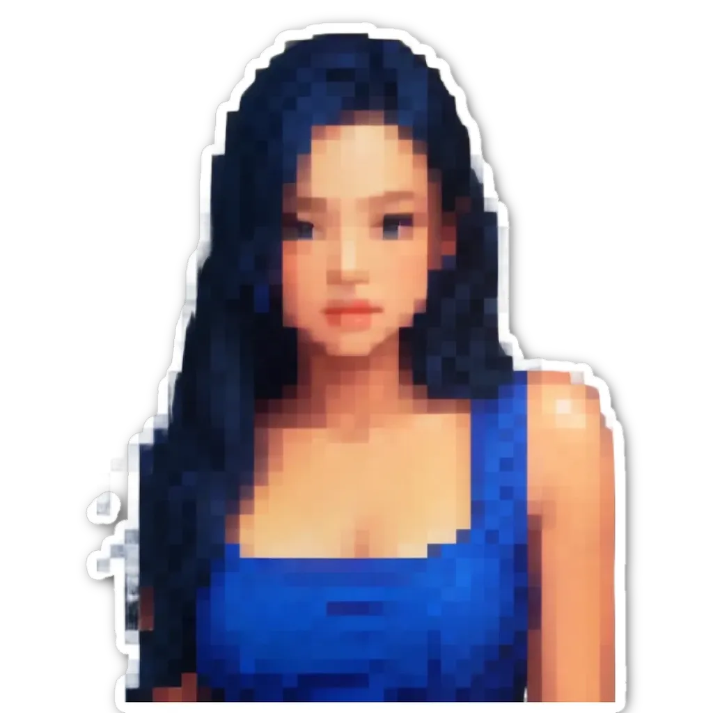 A girl with blue hair in a blue tank top.