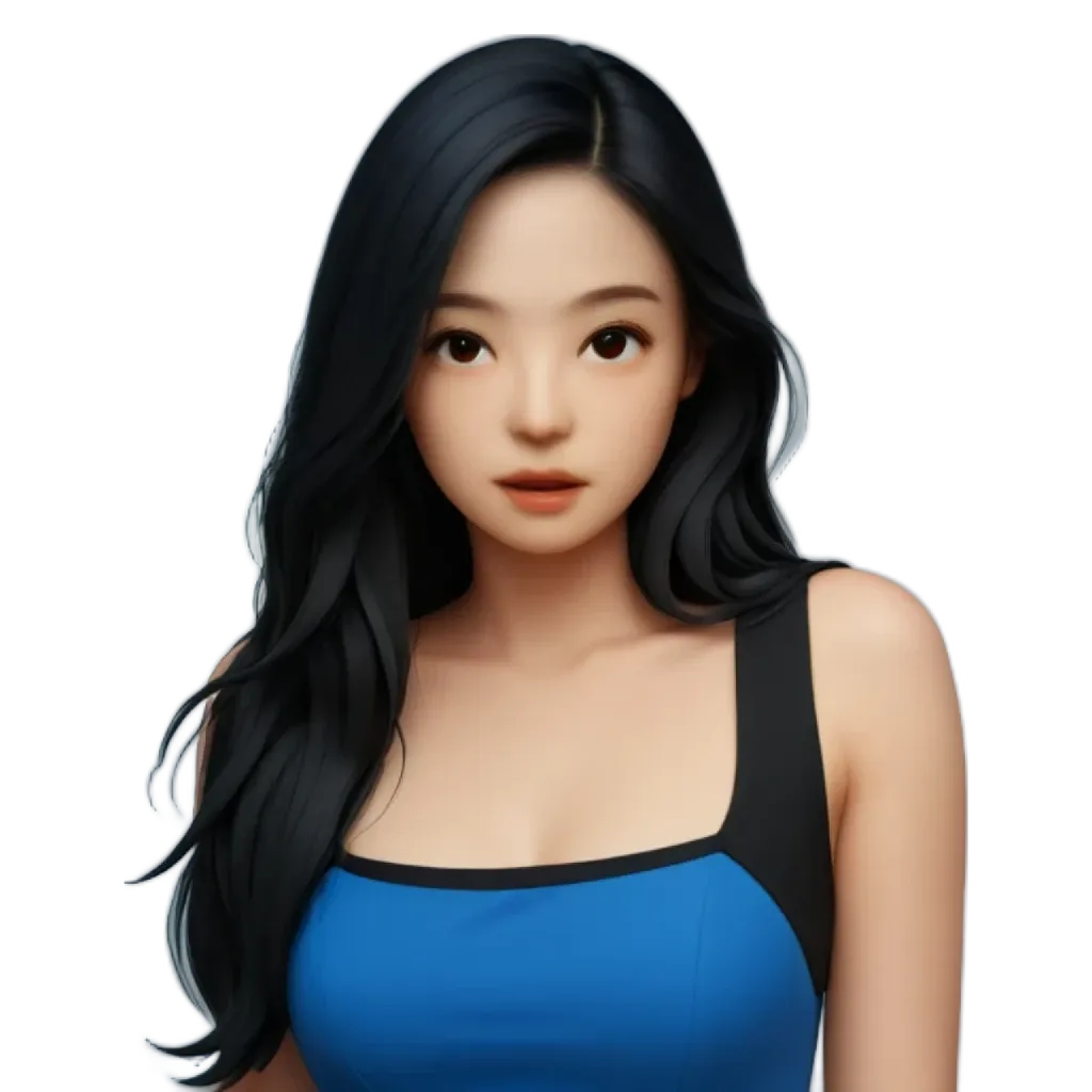 A woman with long hair in a blue tank top.