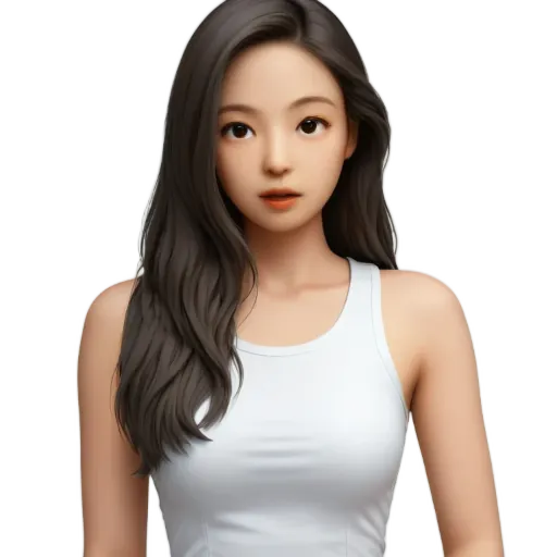 A woman with long hair in a white tank top.