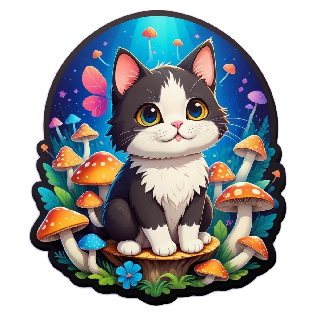 A mushroom cat sticker in black, white and red.