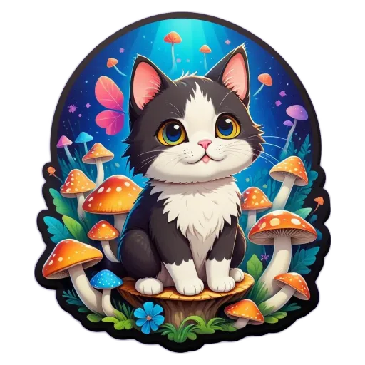 A mushroom cat sticker in black, white and red.