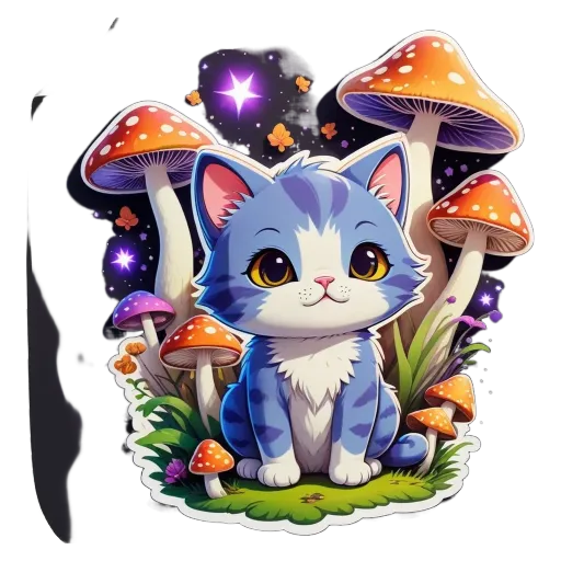 A blue and white cat in front of mushrooms with a black background.