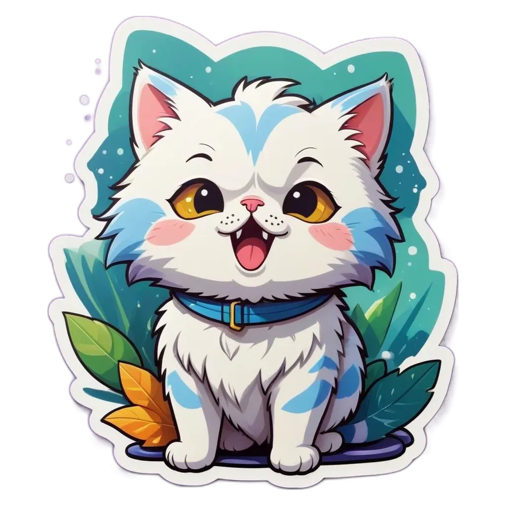 A cartoon cat sitting on a board with a leash around its neck.