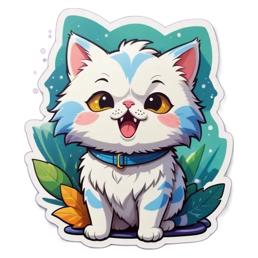 A cartoon cat sitting on a board with a leash around its neck.