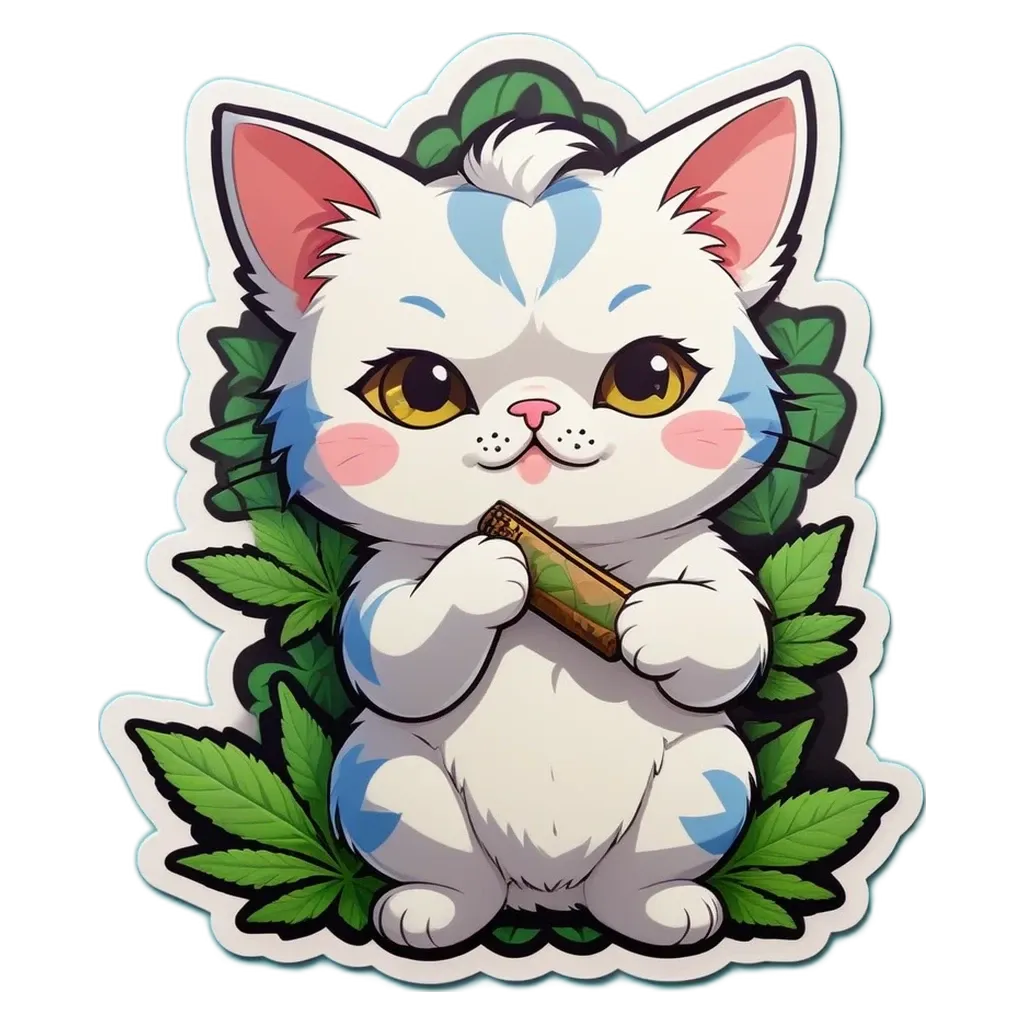 A sticker of a white cat holding a joint.