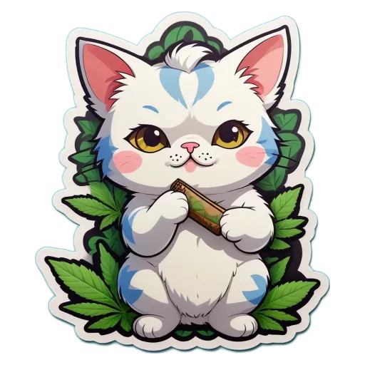 A sticker of a white cat holding a joint.
