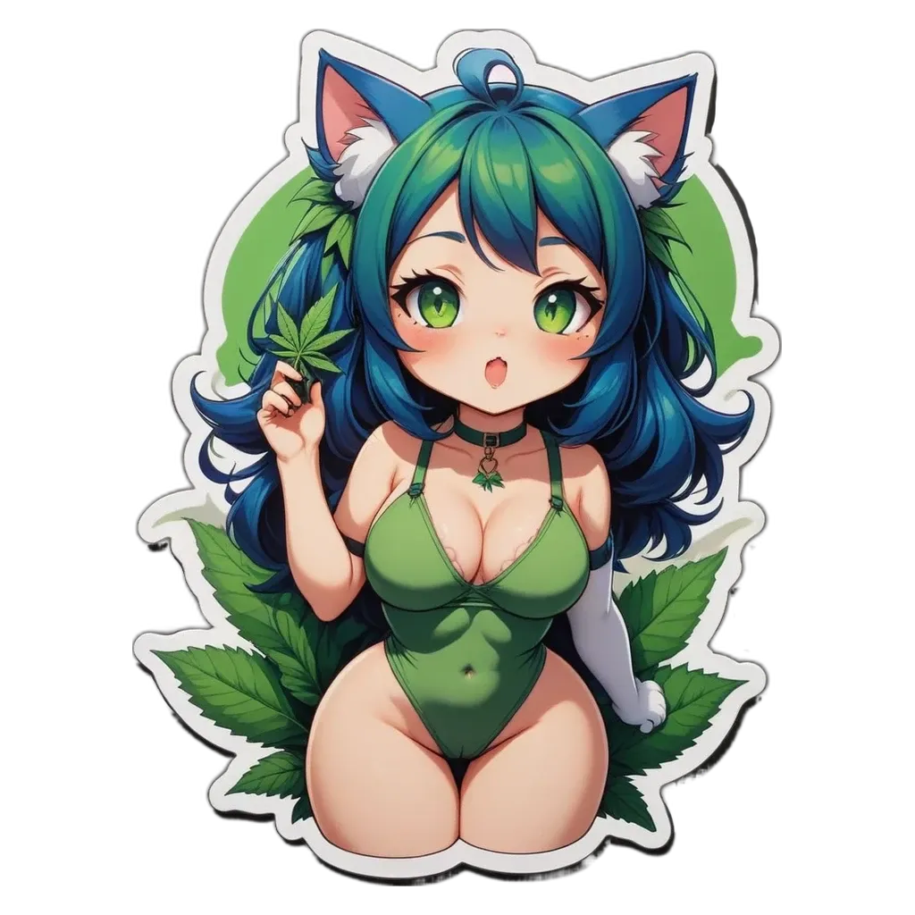 A girl holding a leaf is painted in green and black.