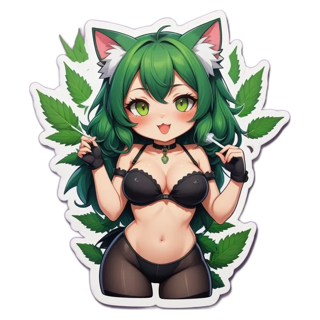 A girl wearing black and white lacy underwear with a green eye is licking the lips of a boy.