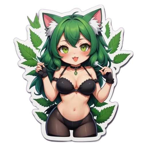 A girl wearing black and white lacy underwear with a green eye is licking the lips of a boy.