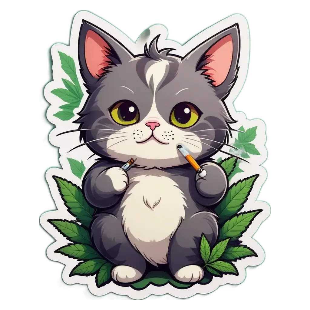 A cat with a cigarette and a sticker that says 'this is an image of'.