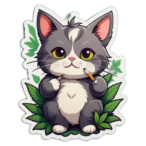A cat with a cigarette and a sticker that says 'this is an image of'.