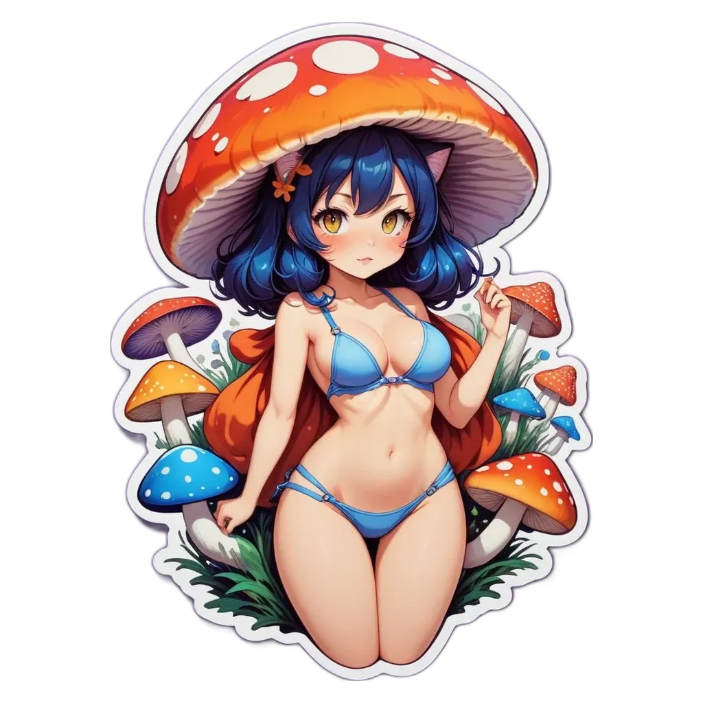 A woman in a blue and white bathing suit standing in front of a mushroom.