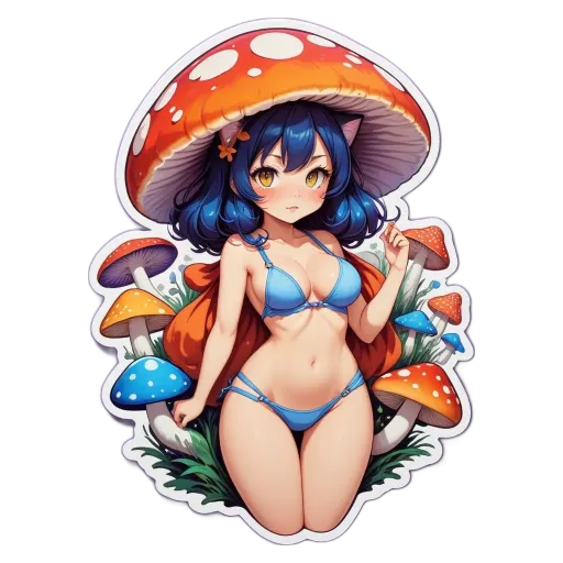 A woman in a blue and white bathing suit standing in front of a mushroom.