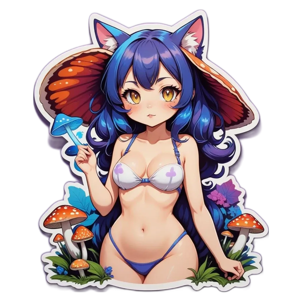 A girl wearing a bikini and holding a mushroom on a sticker of herself.