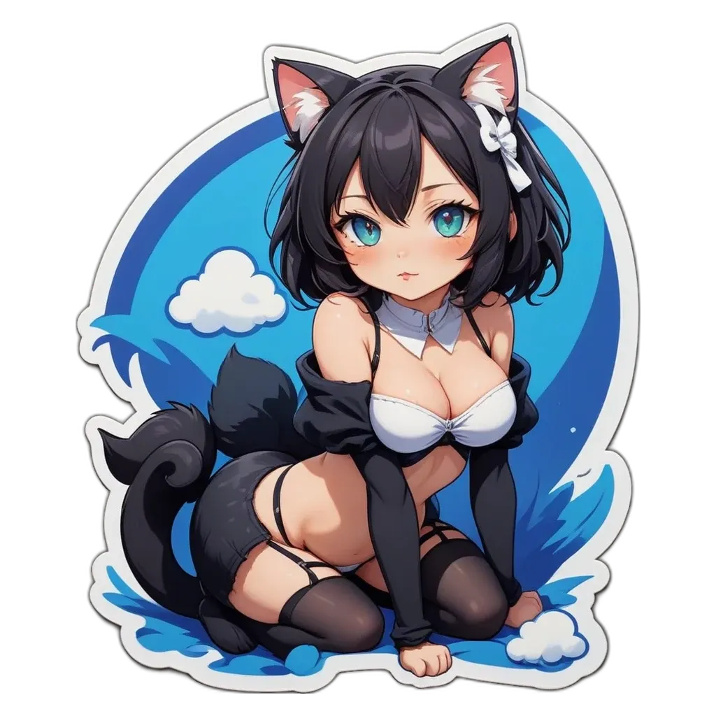 A cat sticker that is black and white.