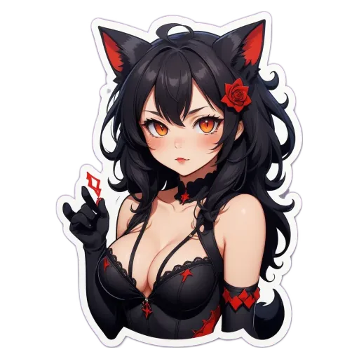A black and red anime character that is wearing a lacy bra and holding a card.