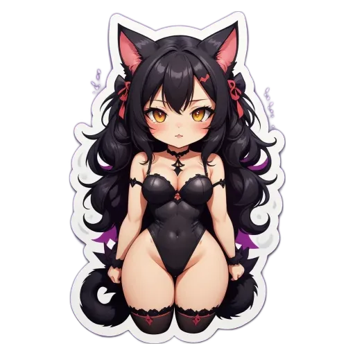 A black and purple cat sticker with a girl sticker underneath.