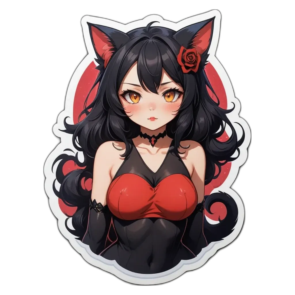A black and red anime character that is wearing a dress.