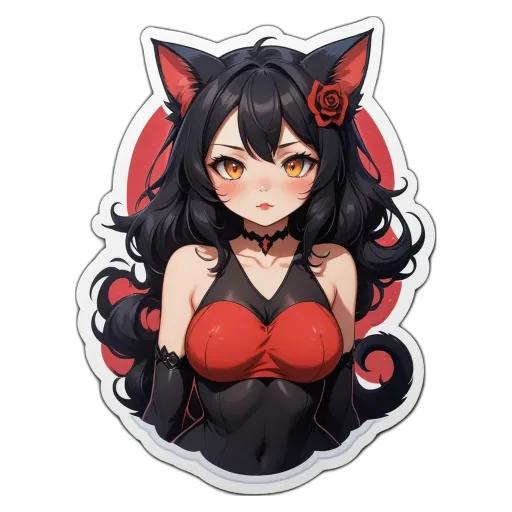 A black and red anime character that is wearing a dress.