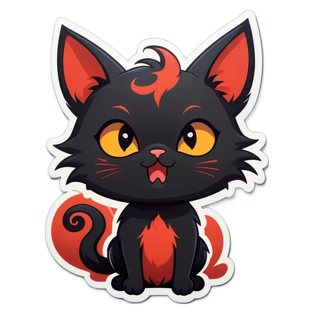 A black cat with red on its ears sitting on the sticker.