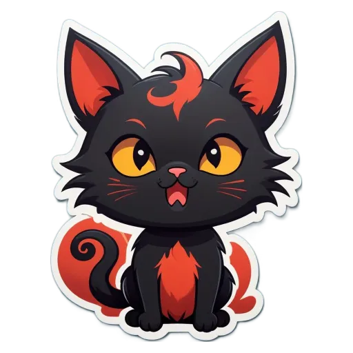 A black cat with red on its ears sitting on the sticker.