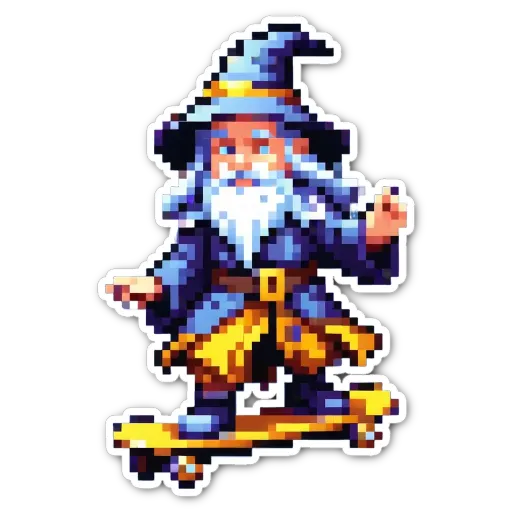 A graphic of a wizard riding a skateboard.