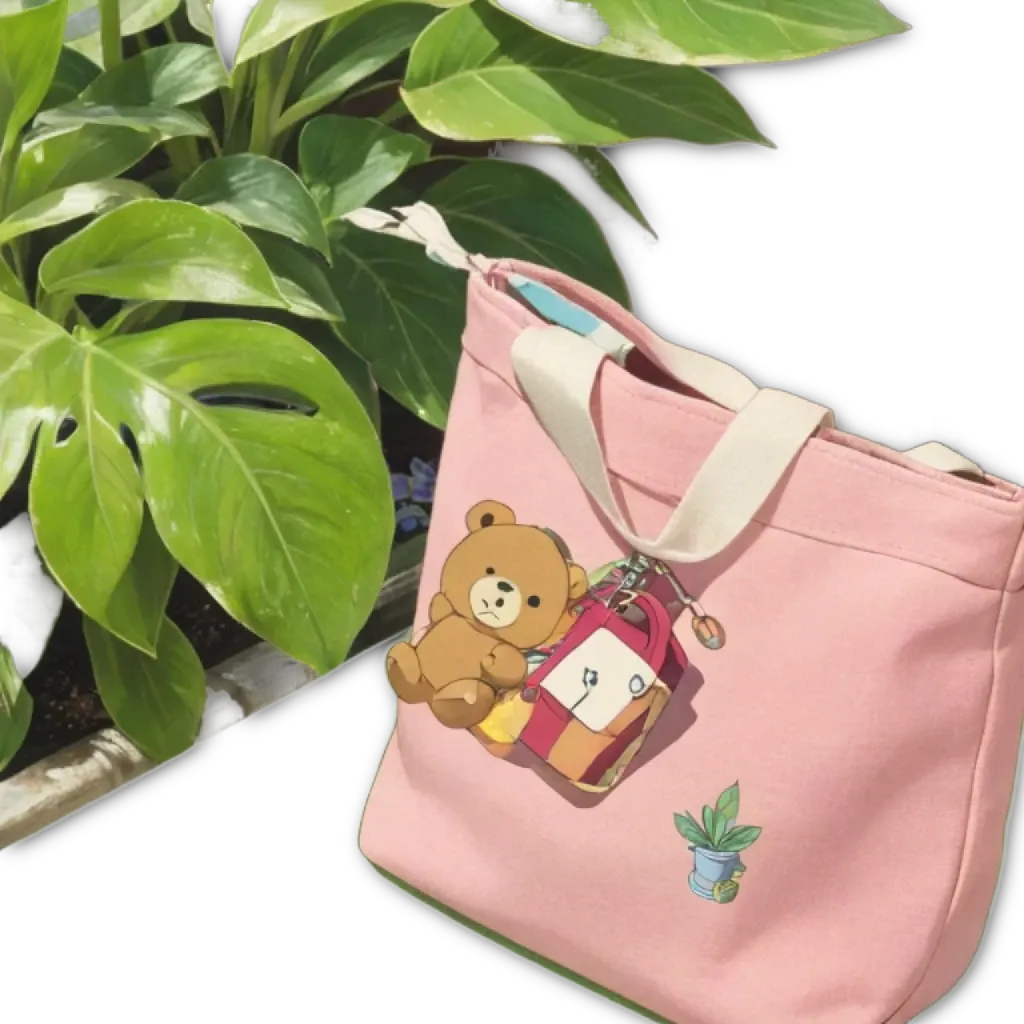 A pink handbag with a teddy bear on it.