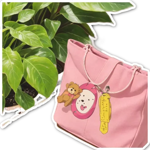 A pink handbag with a keychain and a teddy bear on it.