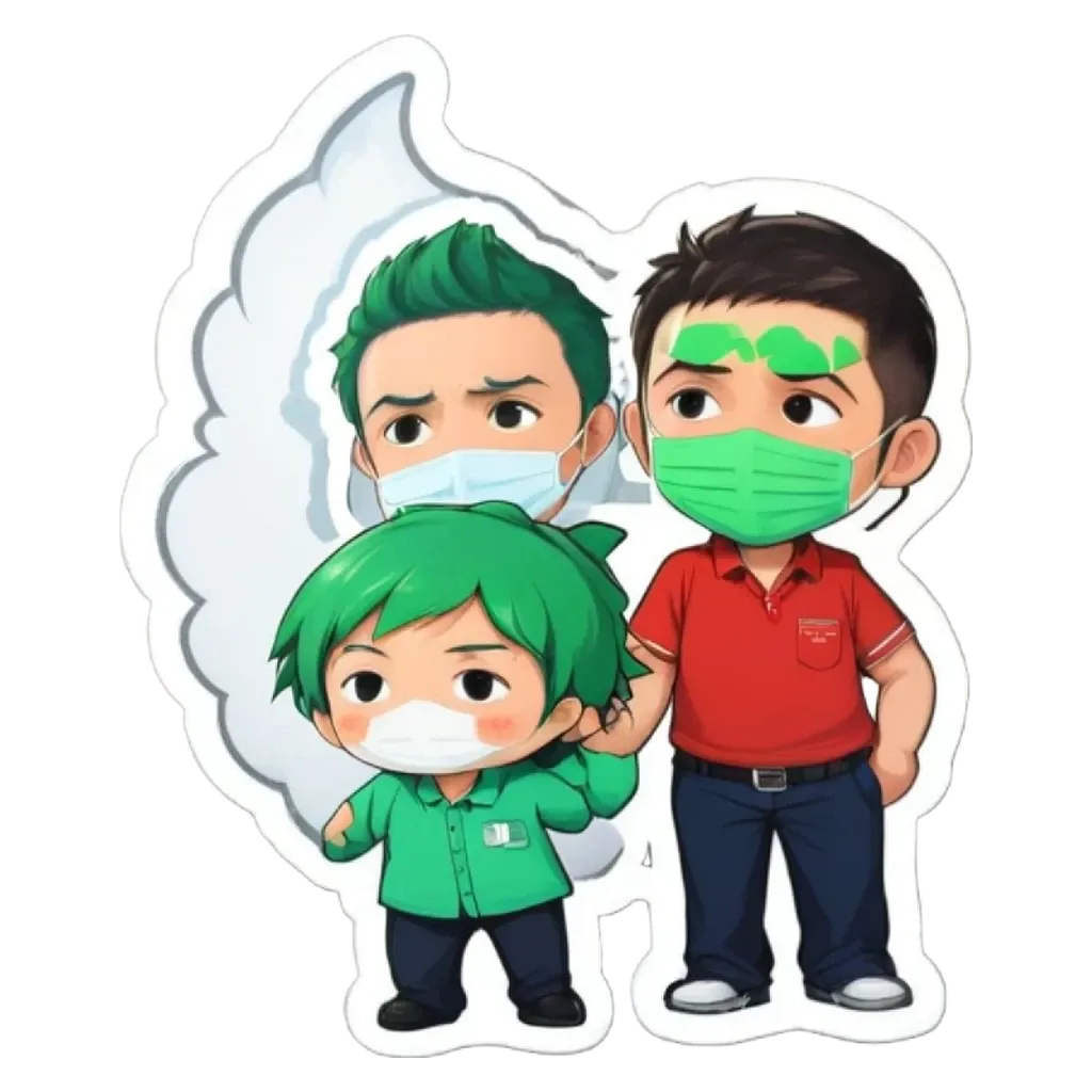 Three cartoon people wearing masks and green shirts.