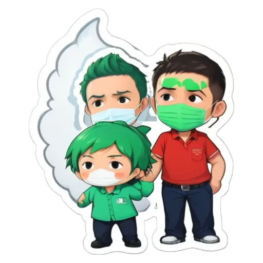 Three cartoon people wearing masks and green shirts.