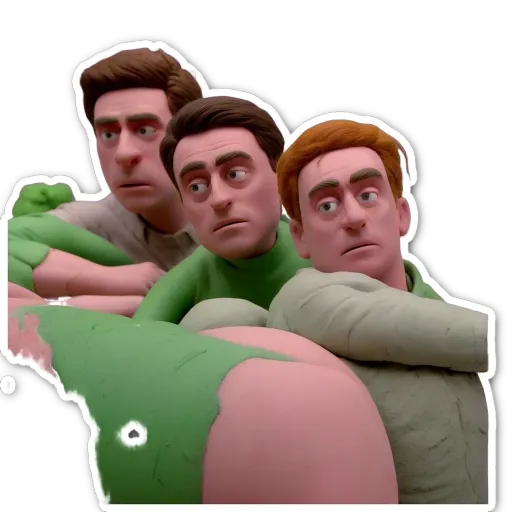 Three faces of characters in a video game with one of them hugging the other two.