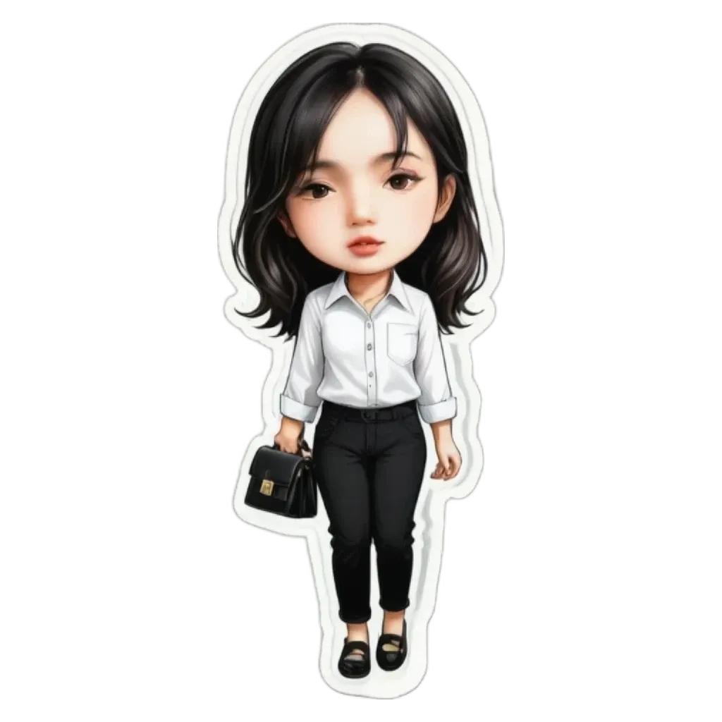 A small girl with a white shirt and black pants holding a black bag.