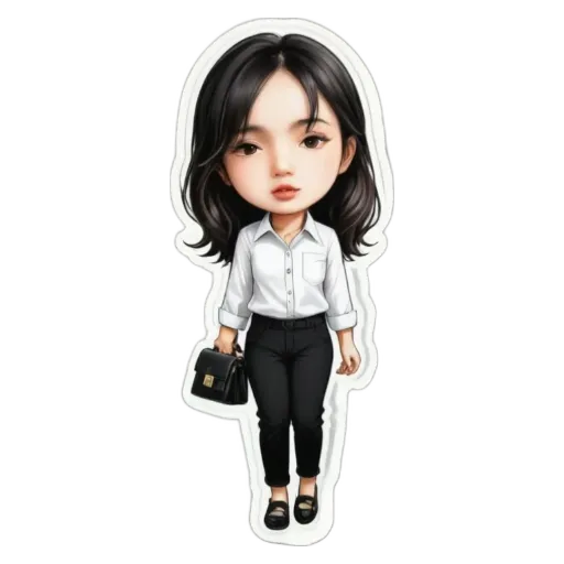 A small girl with a white shirt and black pants holding a black bag.