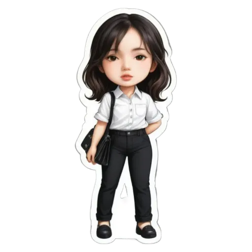 A girl is standing with her hands in her pockets and wearing a white shirt.
