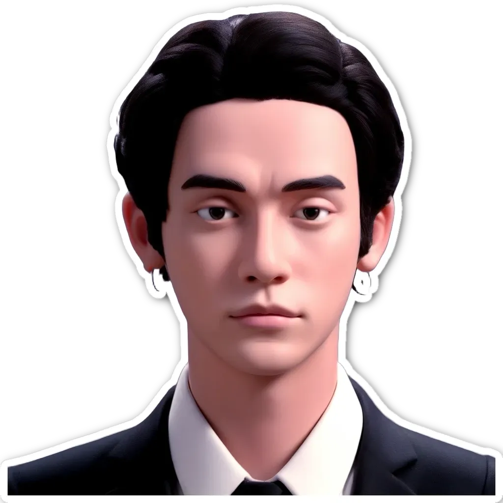 A sticker of a man with black hair and a black tie.