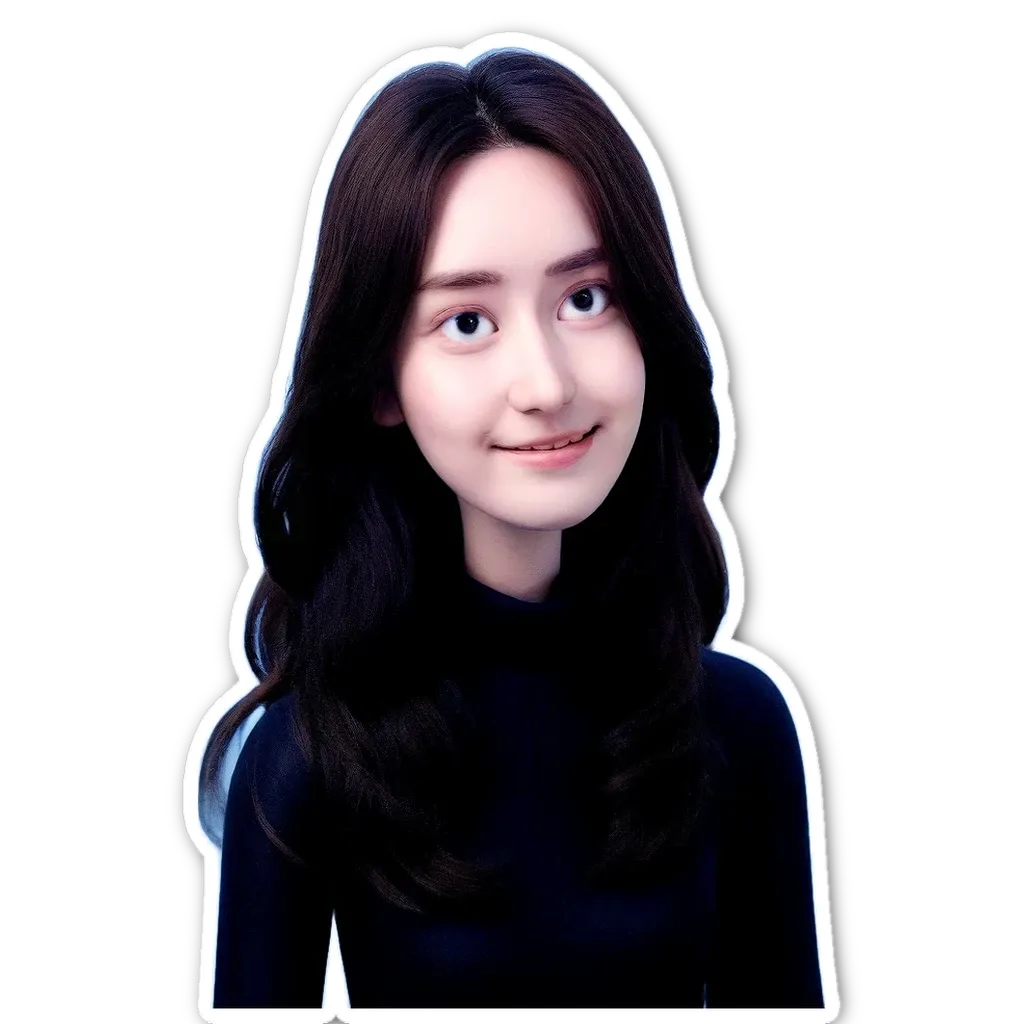 A sticker of a girl with long hair wearing a black shirt.