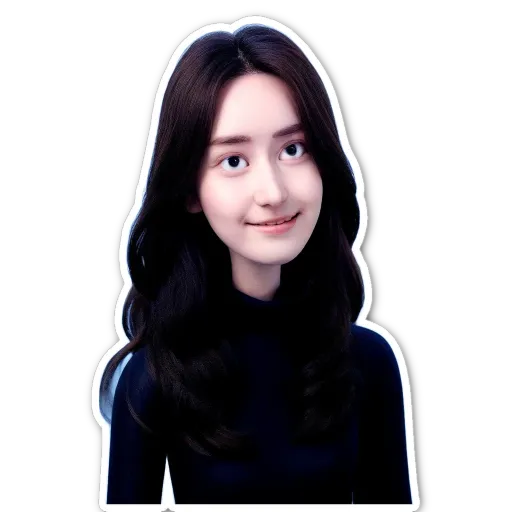 A sticker of a girl with long hair wearing a black shirt.