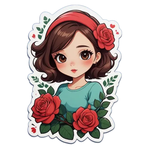 A girl with rose decorations around her face is staring at the camera.