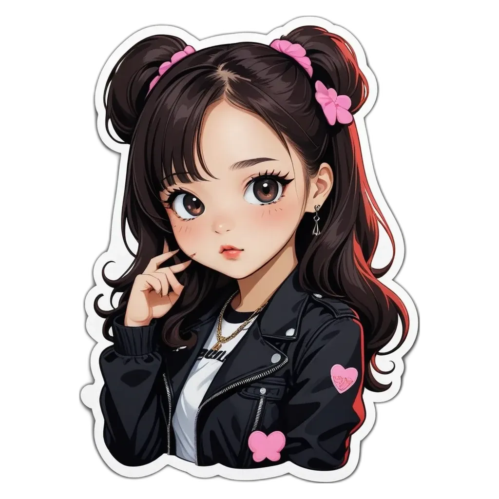 A sticker of a girl wearing a black jacket and pink heart on the back.