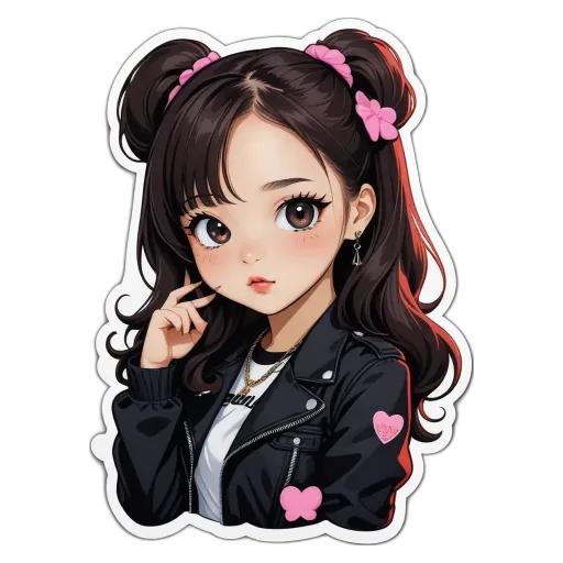 A sticker of a girl wearing a black jacket and pink heart on the back.