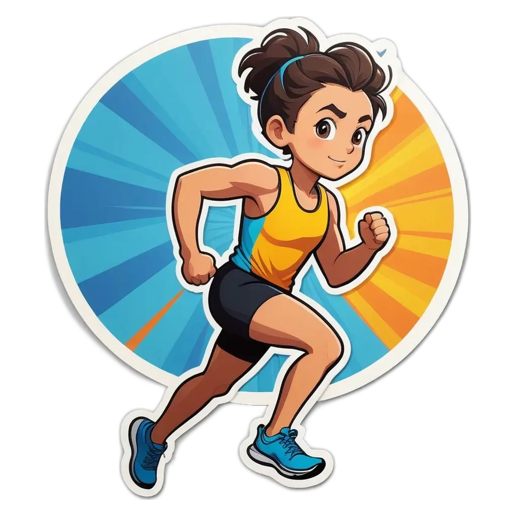 A girl running with a blue and yellow tank top.