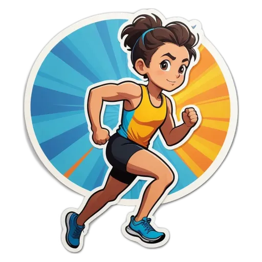 A girl running with a blue and yellow tank top.