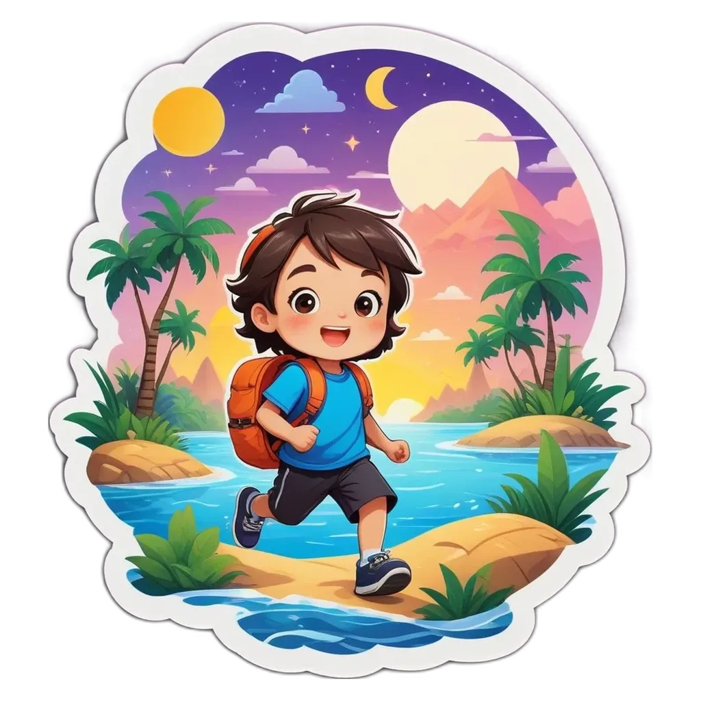 A boy with a backpack running along a beach.