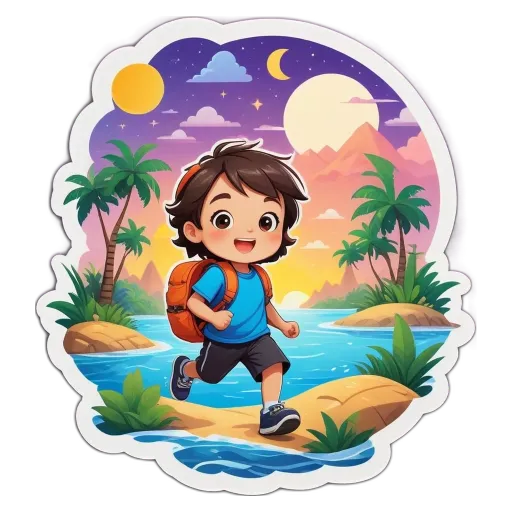 A boy with a backpack running along a beach.