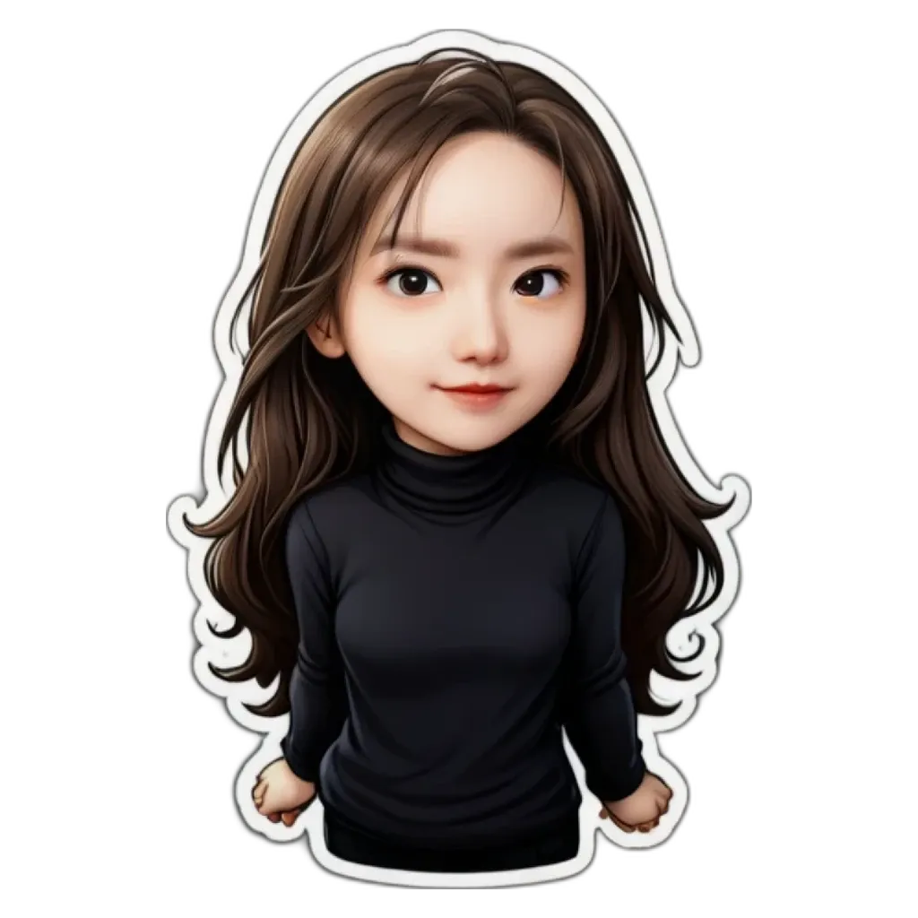 A sticker of a girl that is wearing a black shirt.