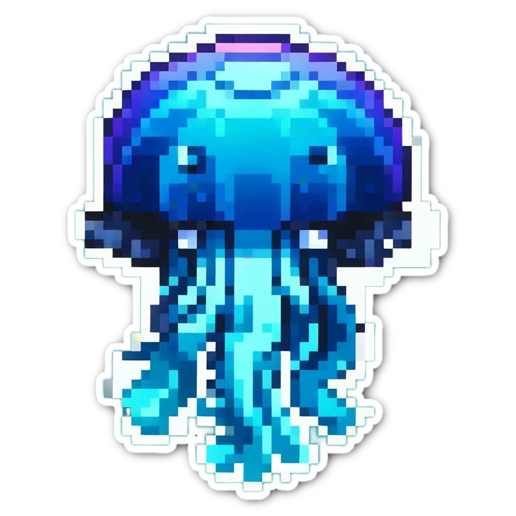 A sticker of a pixelated jellyfish on a black background.